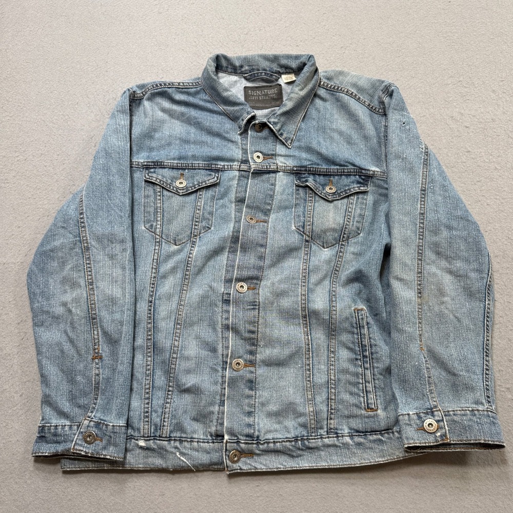 Signature By Levi's Trucker Jacket Men's 2XL Blue Denim Medium Wash Biker Cotton